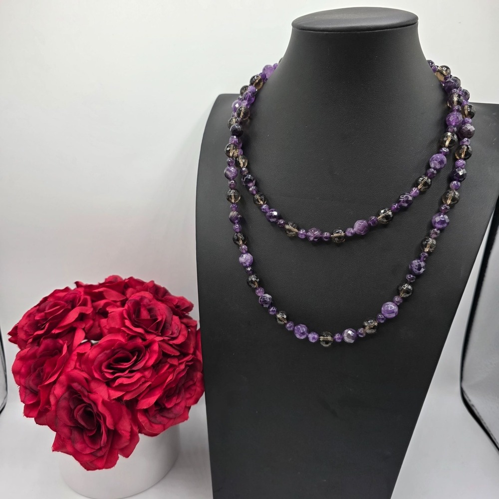 Amethyst Smoky Quartz Gemstone Beaded Necklace Marked‎ Sterling Silver Clasp
